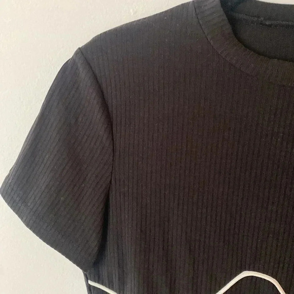 MakeMeChic Mock Neck Ribbed Knit Black White Bust Line Short Sleeve Crop Top M - Picture 6 of 8